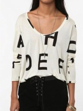 Urban Outfitters- silence + noise White Long Sleeve Scoop Neck Letter Print Top